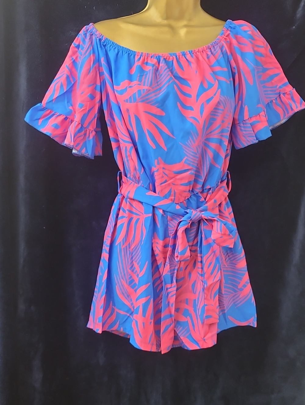 SHEIN Blue & Pink Tropical Off-Shoulder Girls' Romper with Tie Belt
